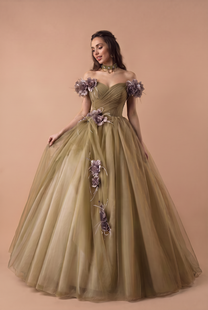Sage Green Ball Gown -  Off-the-Shoulder Ball Gown with Flower Accessories - Wedding Dress with Sweetheart Neckline and Corset Back Plus Size