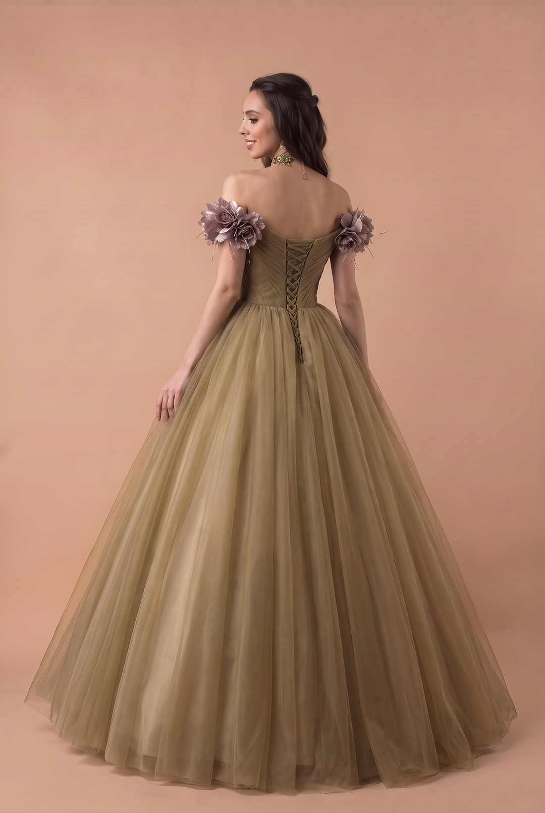 Sage Green Ball Gown -  Off-the-Shoulder Ball Gown with Flower Accessories - Wedding Dress with Sweetheart Neckline and Corset Back Plus Size