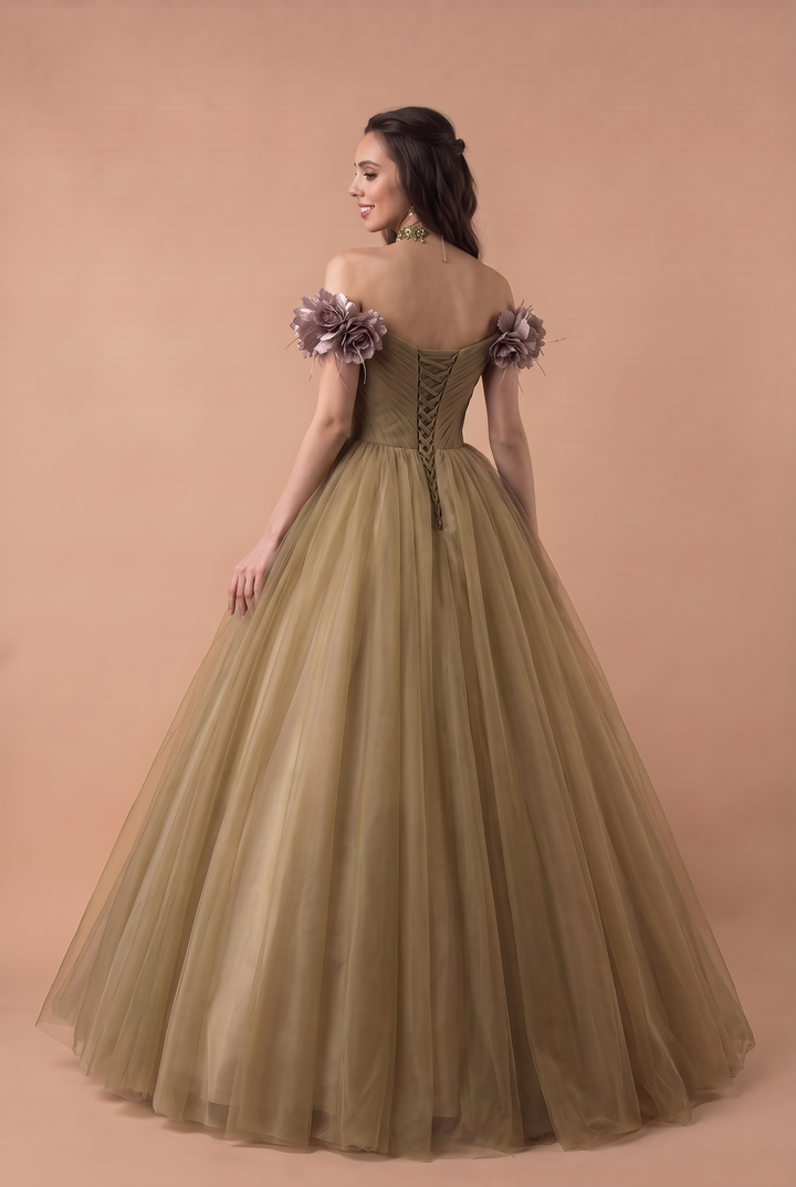 Sage Green Ball Gown -  Off-the-Shoulder Ball Gown with Flower Accessories - Wedding Dress with Sweetheart Neckline and Corset Back Plus Size