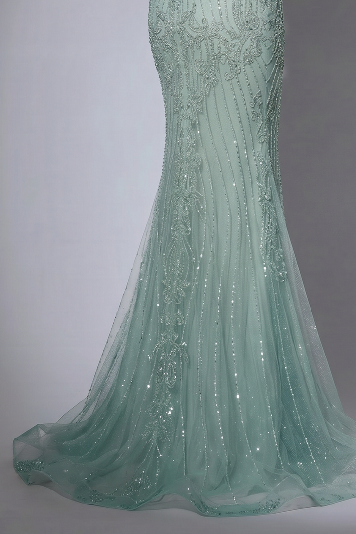 Sage Green Mermaid Evening Dress with Beaded Corset Bodice and Illusion Gloves Elegant Formal Gown Plus Size