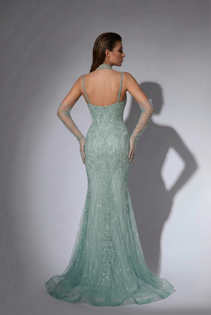 Sage Green Mermaid Evening Dress with Beaded Corset Bodice and Illusion Gloves Elegant Formal Gown Plus Size