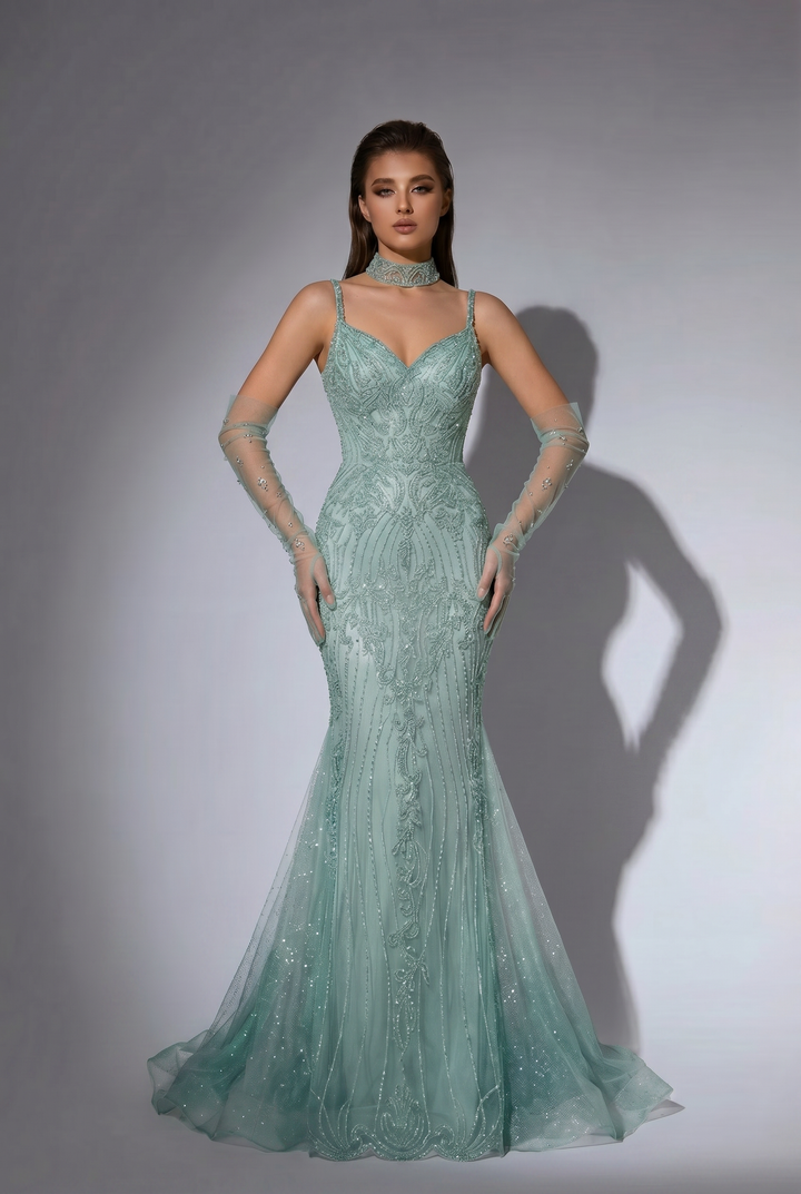 Sage Green Mermaid Evening Dress with Beaded Corset Bodice and Illusion Gloves Elegant Formal Gown Plus Size