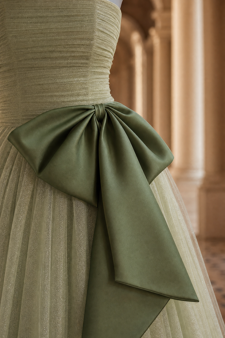 Sage Green Strapless Wedding Dress with Satin Bow Detail - Green Evening Dress Plus Size