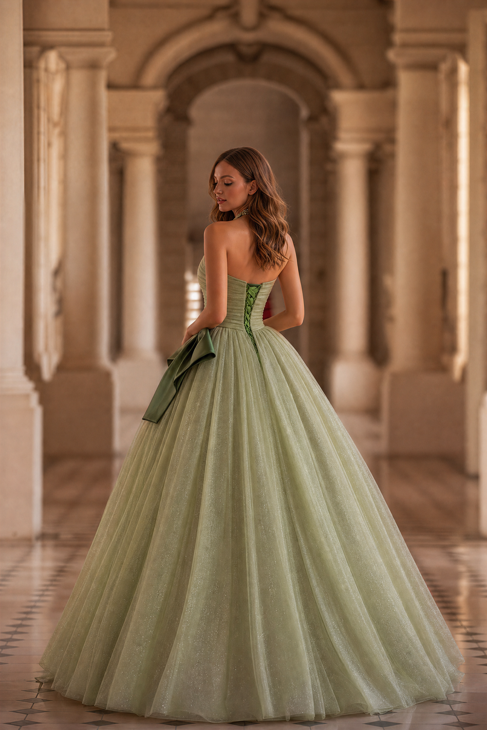 Sage Green Strapless Wedding Dress with Satin Bow Detail - Green Eveni WonderlandByLilian Sage Green Strapless Wedding Dress with Satin Bow Detail - Green Eveni WonderlandByLilian