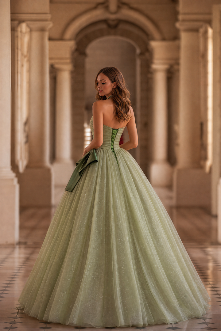 Sage Green Strapless Wedding Dress with Satin Bow Detail