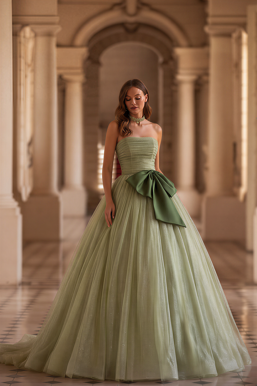 Sage Green Strapless Wedding Dress with Satin Bow Detail - Green Eveni WonderlandByLilian Sage Green Strapless Wedding Dress with Satin Bow Detail - Green Eveni WonderlandByLilian