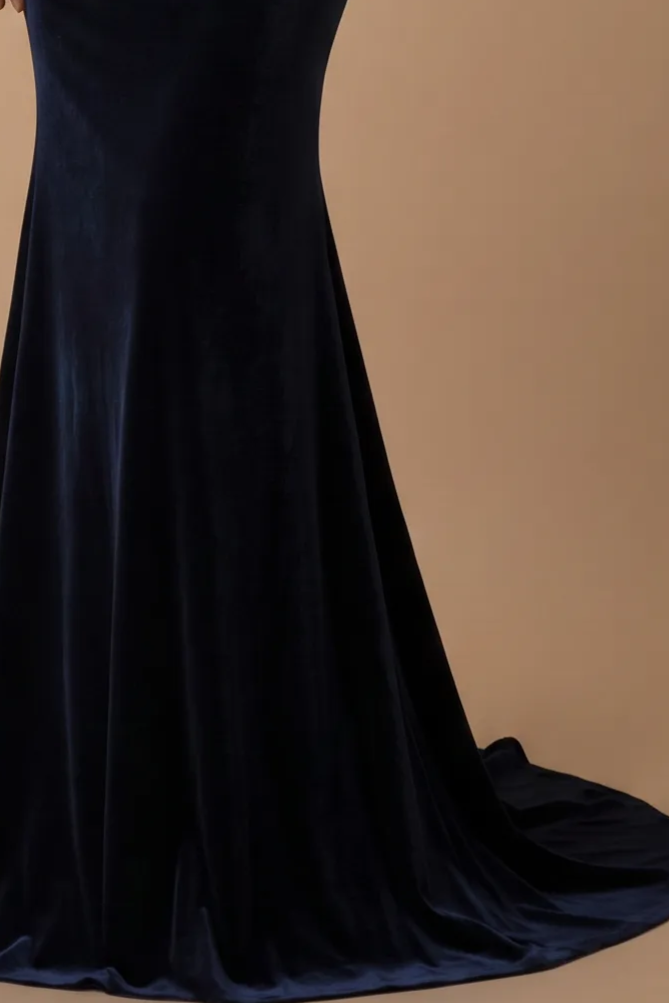 Sapphire Velvet Backless V-neck Mermaid Evening Gown With Crystal Chain Back- Plus Size