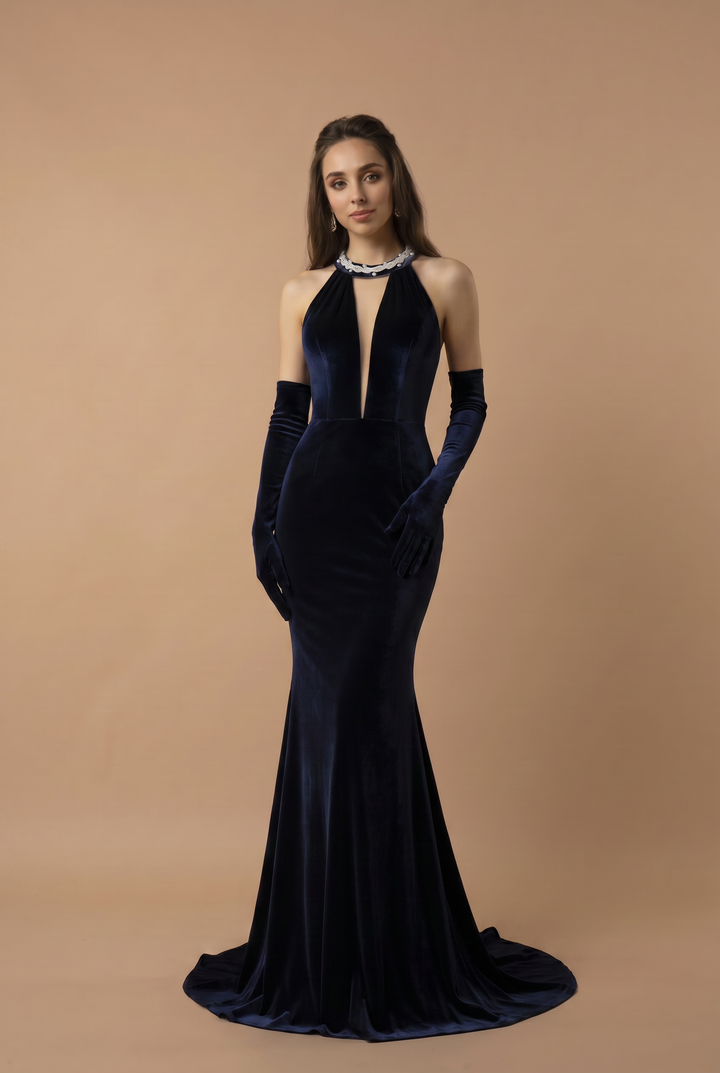 Sapphire Velvet Backless V-neck Mermaid Evening Gown With Crystal Chain Back- Plus Size