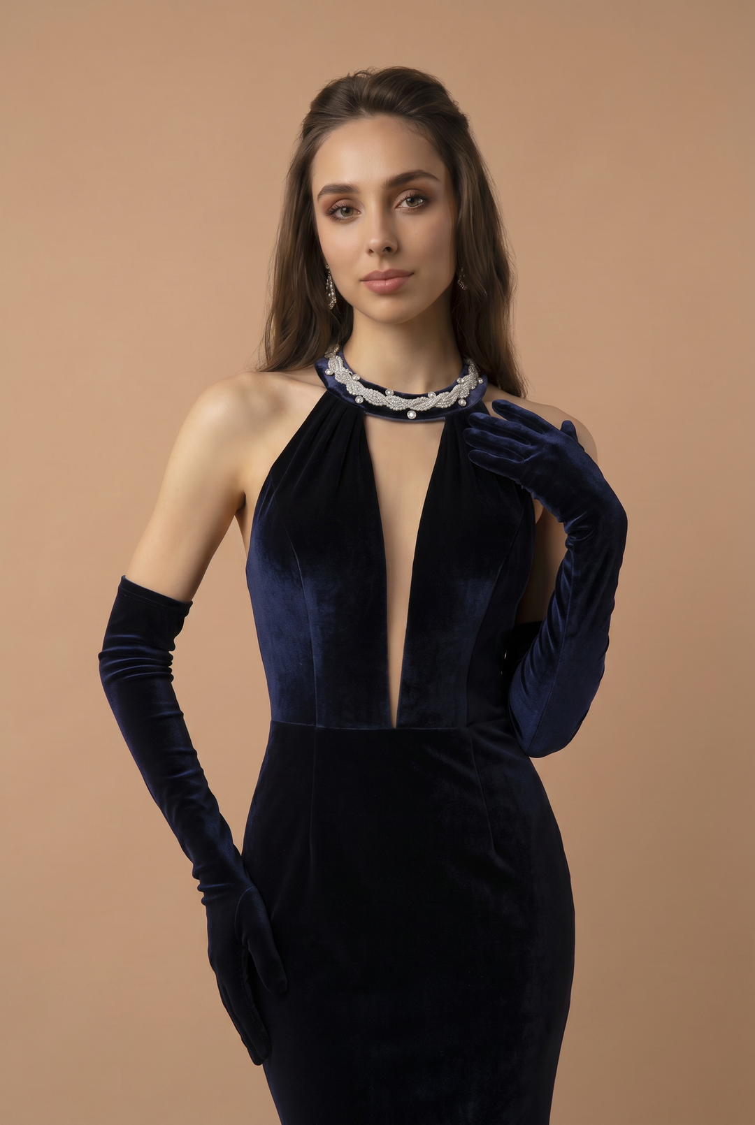 Sapphire Velvet Backless V-neck Mermaid Evening Gown With Crystal Chain Back- Plus Size