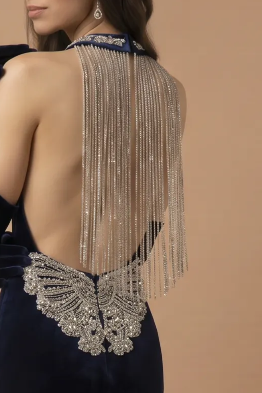 Sapphire Velvet Backless V-neck Mermaid Evening Gown With Crystal Chain Back- Plus Size