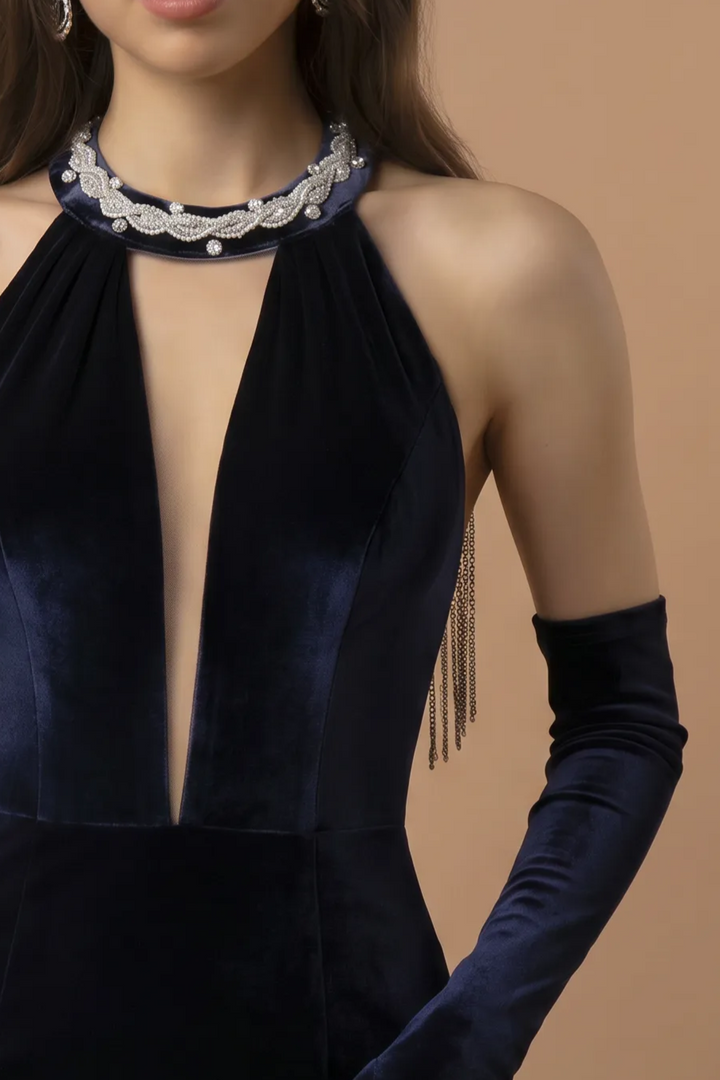 Sapphire Velvet Backless V-neck Mermaid Evening Gown With Crystal Chain Back- Plus Size