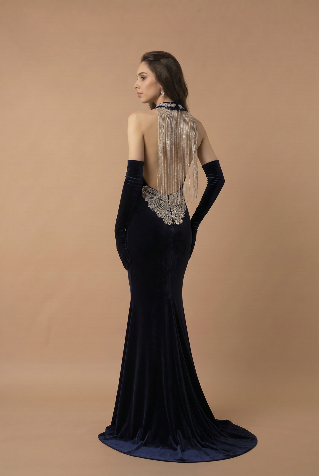 Sapphire Velvet Backless V-neck Mermaid Evening Gown With Crystal Chain Back- Plus Size
