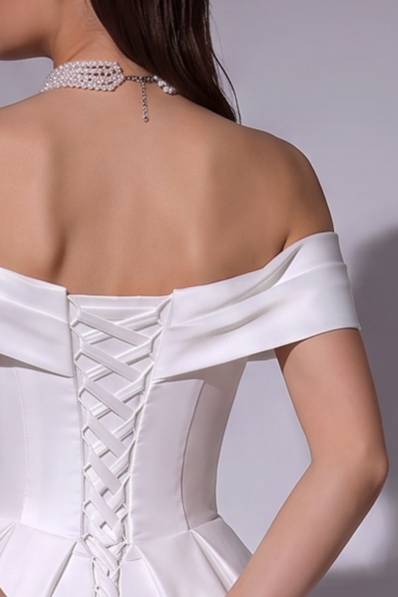 Satin Off the Shoulder Wedding Dress - A-Line Bridal Gown with Draped Bodice and Corset Back - Elegant Satin Wedding Gown Plus Size