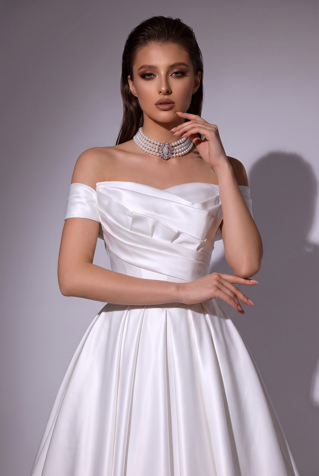 Satin Off the Shoulder Wedding Dress - A-Line Bridal Gown with Draped Bodice and Corset Back - Elegant Satin Wedding Gown Plus Size