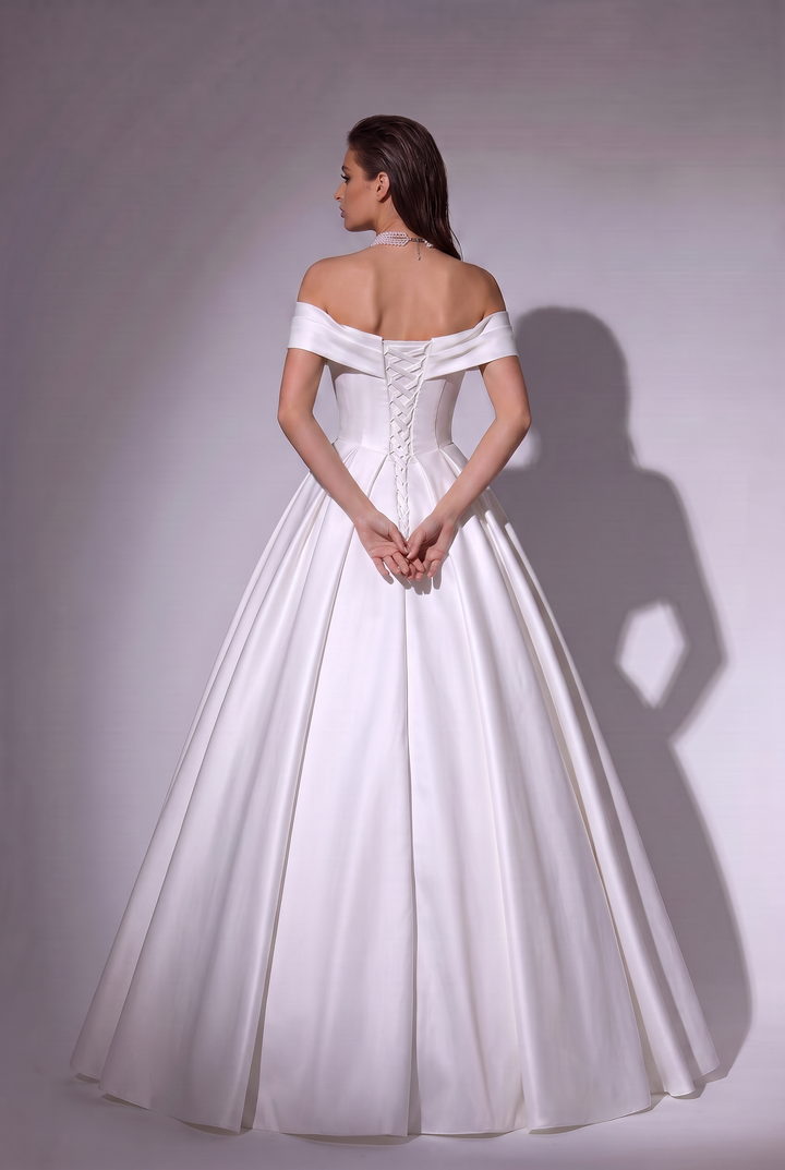 Satin Off the Shoulder Wedding Dress - A-Line Bridal Gown with Draped Bodice and Corset Back - Elegant Satin Wedding Gown Plus Size