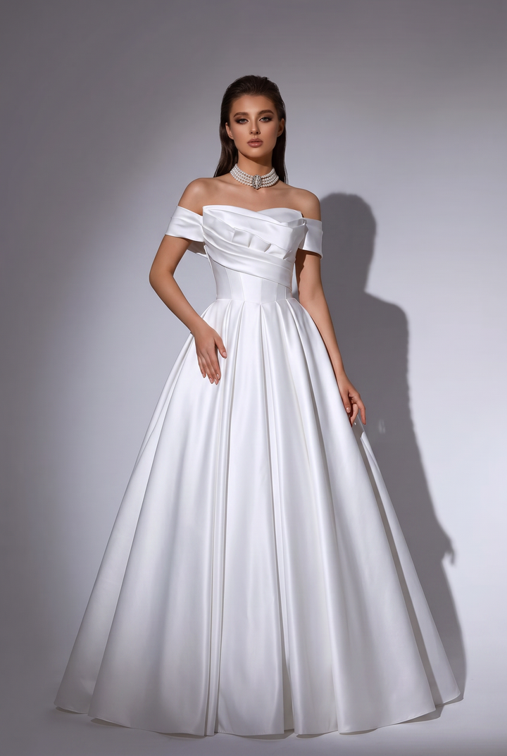 Satin Off the Shoulder Wedding Dress - A-Line Bridal Gown with Draped Bodice and Corset Back - Elegant Satin Wedding Gown Plus Size