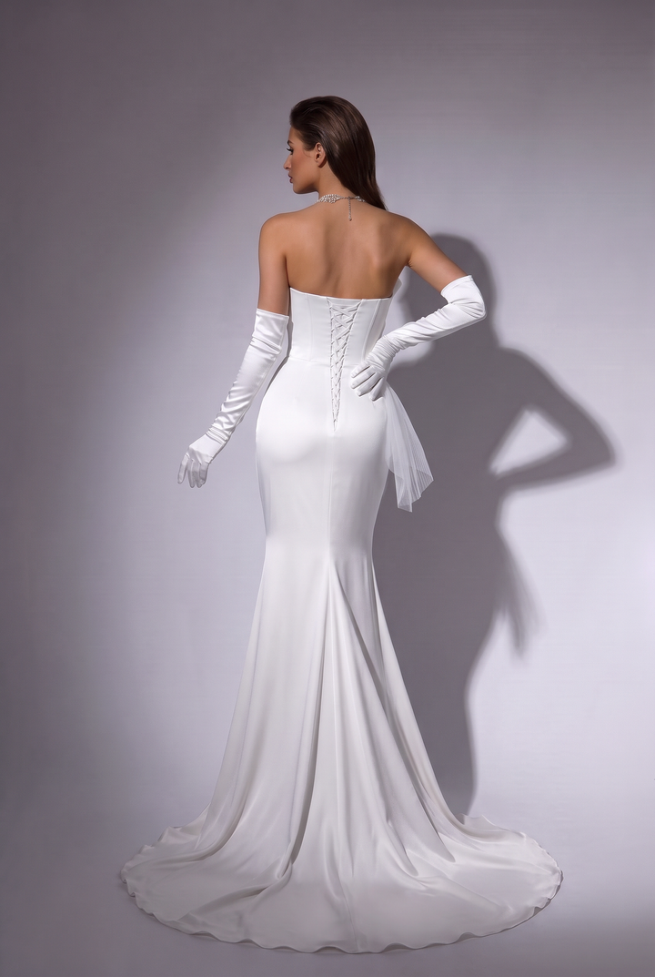 Satin Wedding Dress Off Shoulder Mermaid Gown with Draped Bodice and Lace-Up Back Plus Size