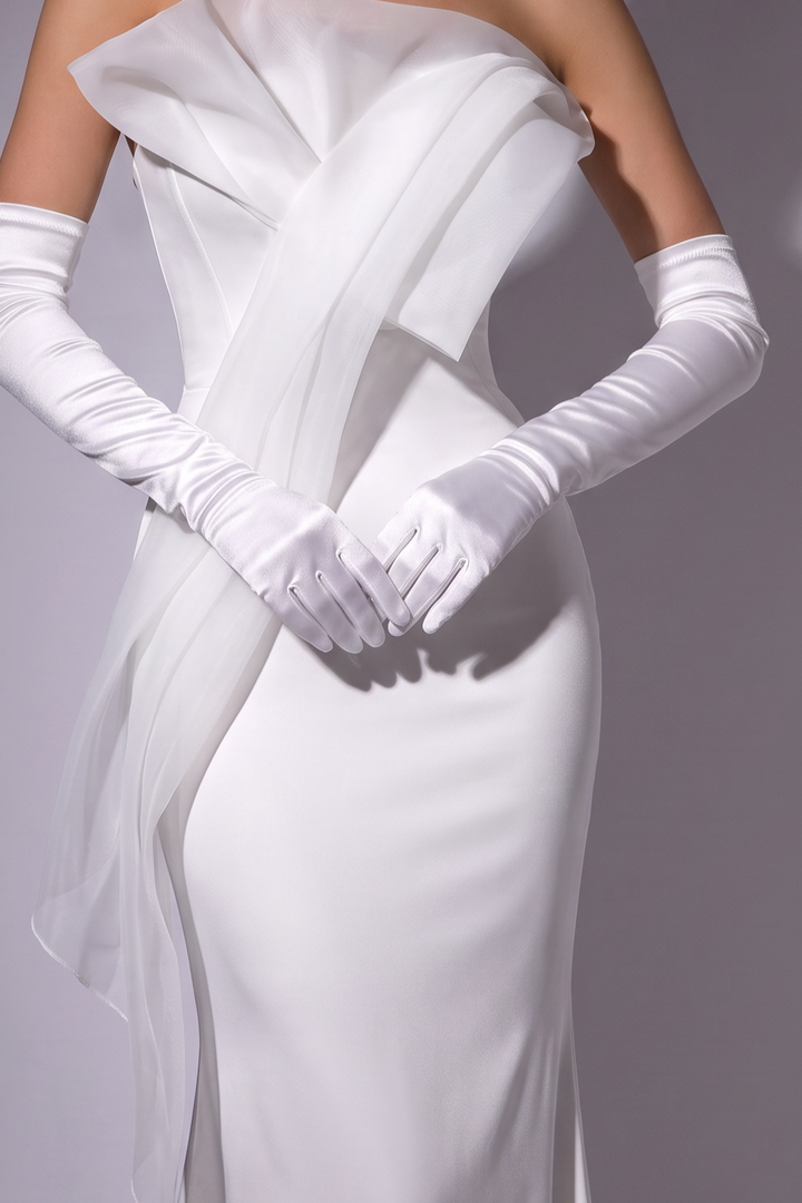 Satin Wedding Dress Off Shoulder Mermaid Gown with Draped Bodice and Lace-Up Back Plus Size