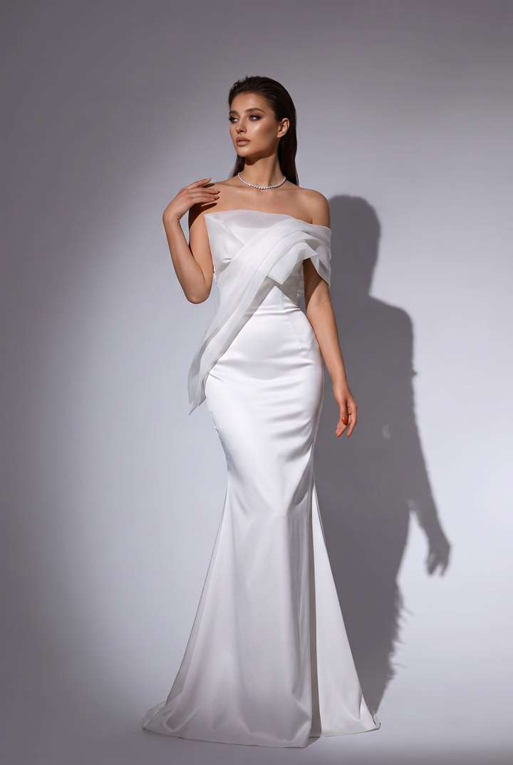 Satin Wedding Dress Off Shoulder Mermaid Gown with Draped Bodice and Lace-Up Back Plus Size