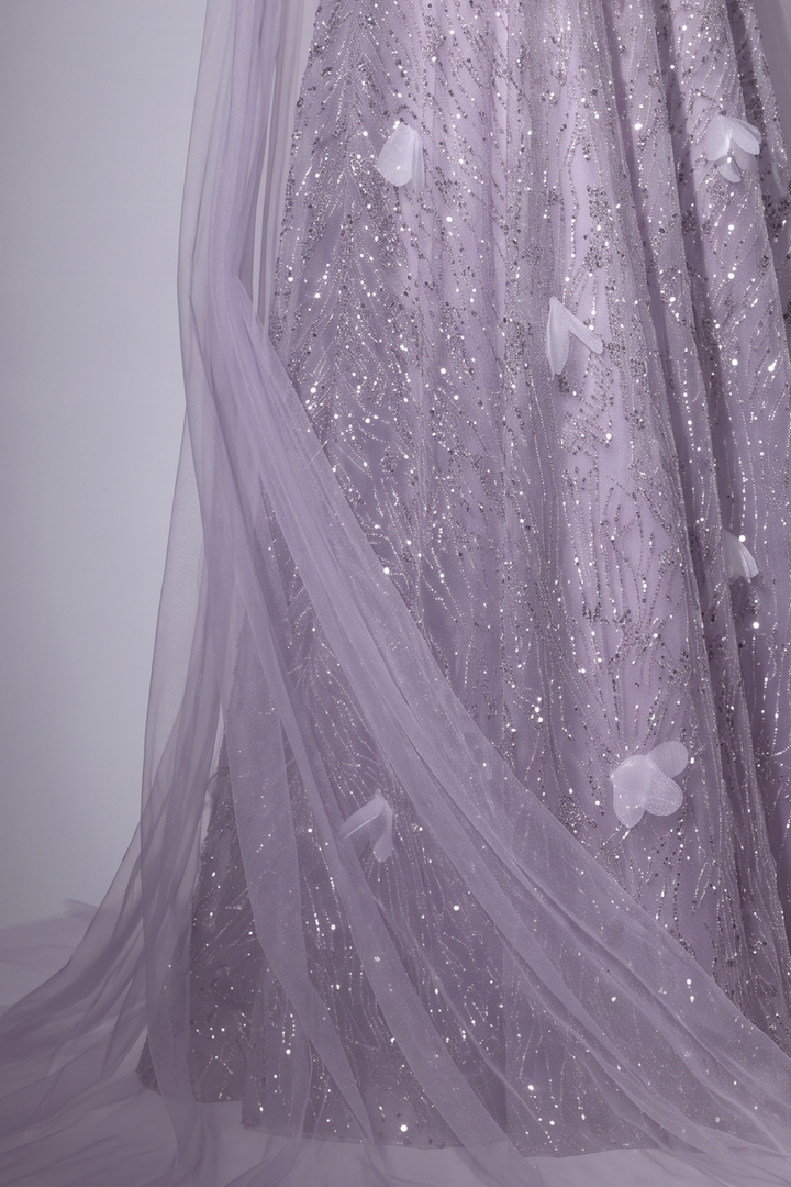 Sequin Wedding Dress Lilac Off-Shoulder Tulle Sleeves with Draped Tulle Overlay and Floral Details Plus Size