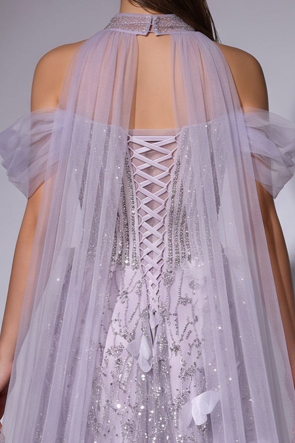 Sequin Wedding Dress Lilac Off-Shoulder Tulle Sleeves with Draped Tulle Overlay and Floral Details Plus Size
