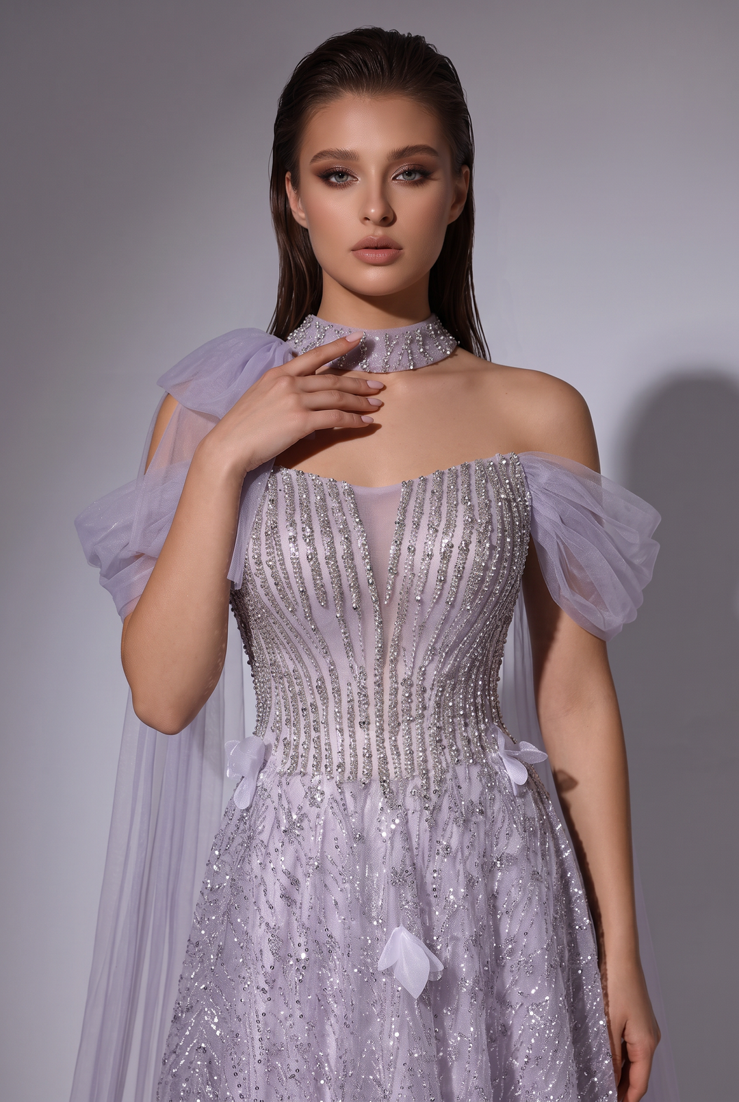 Sequin Wedding Dress Lilac Off-Shoulder Tulle Sleeves with Draped Tulle Overlay and Floral Details Plus Size