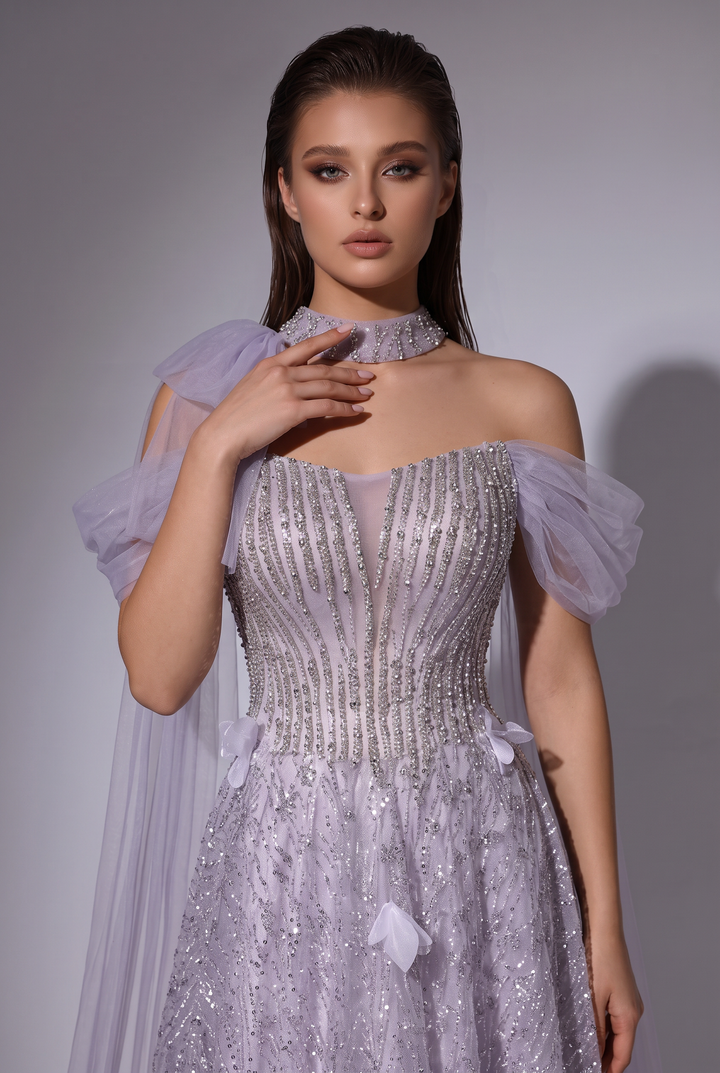 Sequin Wedding Dress Lilac Off-Shoulder Tulle Sleeves with Draped Tulle Overlay and Floral Details Plus Size