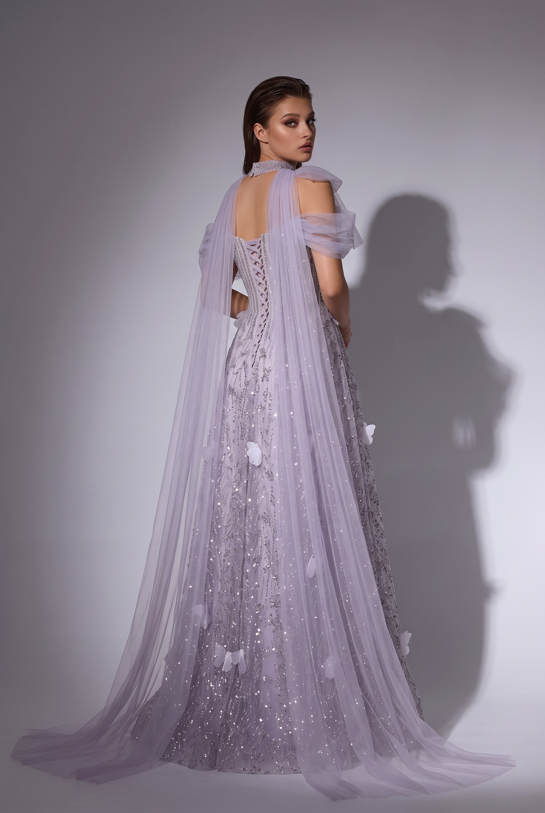 Sequin Wedding Dress Lilac Off-Shoulder Tulle Sleeves with Draped Tulle Overlay and Floral Details Plus Size