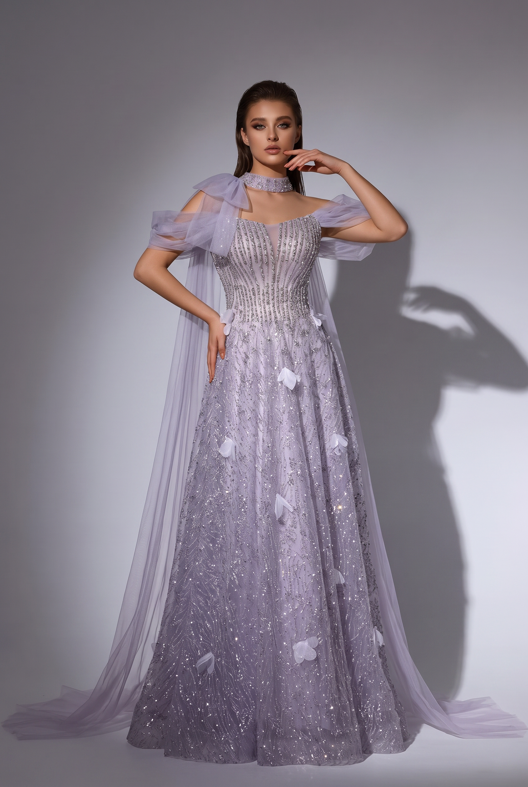 Sequin Wedding Dress Lilac Off-Shoulder Tulle Sleeves with Draped Tulle Overlay and Floral Details Plus Size