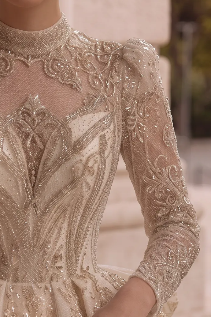 Sequin Wedding Dress - Embellished Wedding Dress with Long Sleeves – Sparkly Wedding Dress with Train and Open Back Plus Size