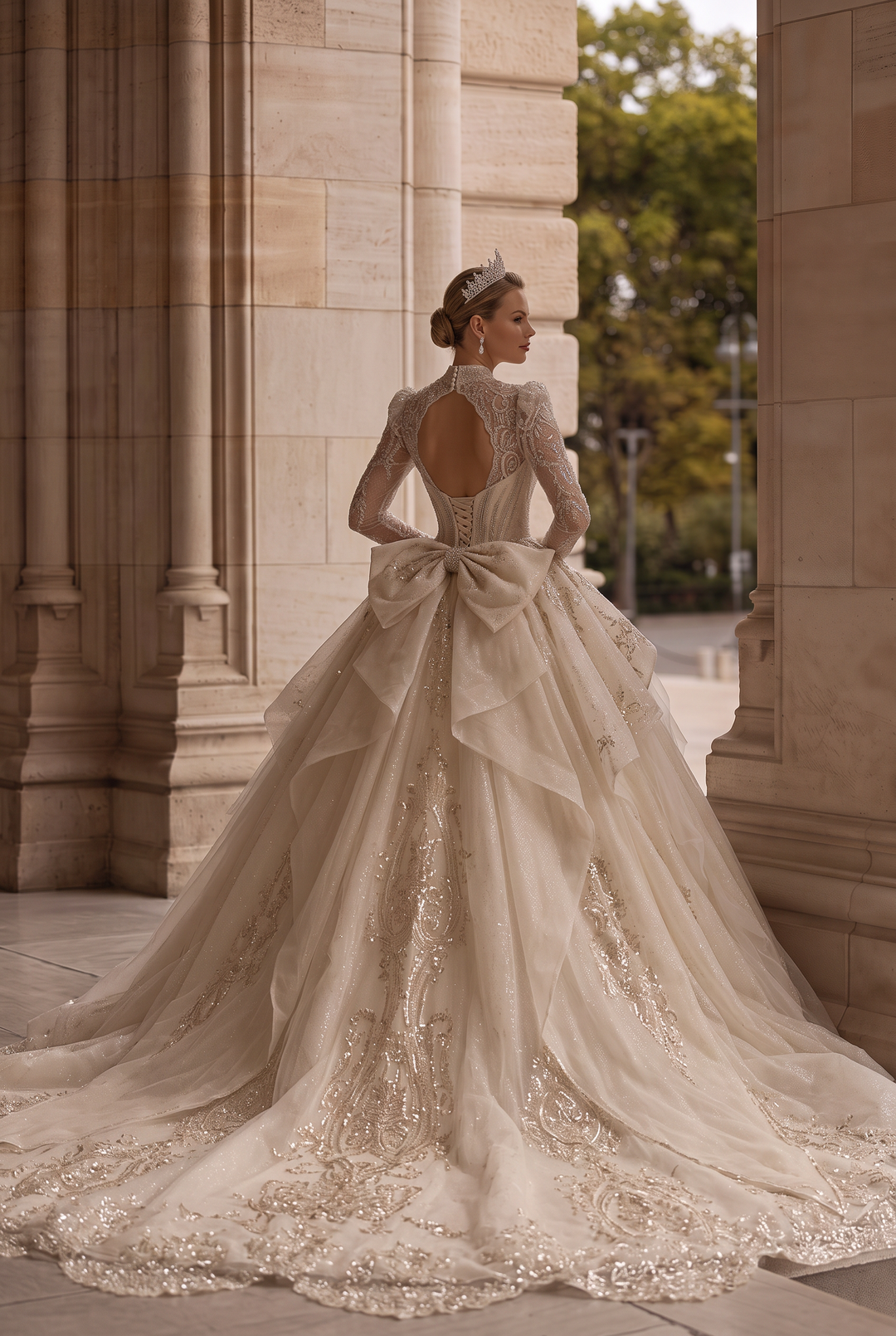 Sequin Wedding Dress - Embellished Wedding Dress with Long Sleeves – Sparkly Wedding Dress with Train and Open Back Plus Size