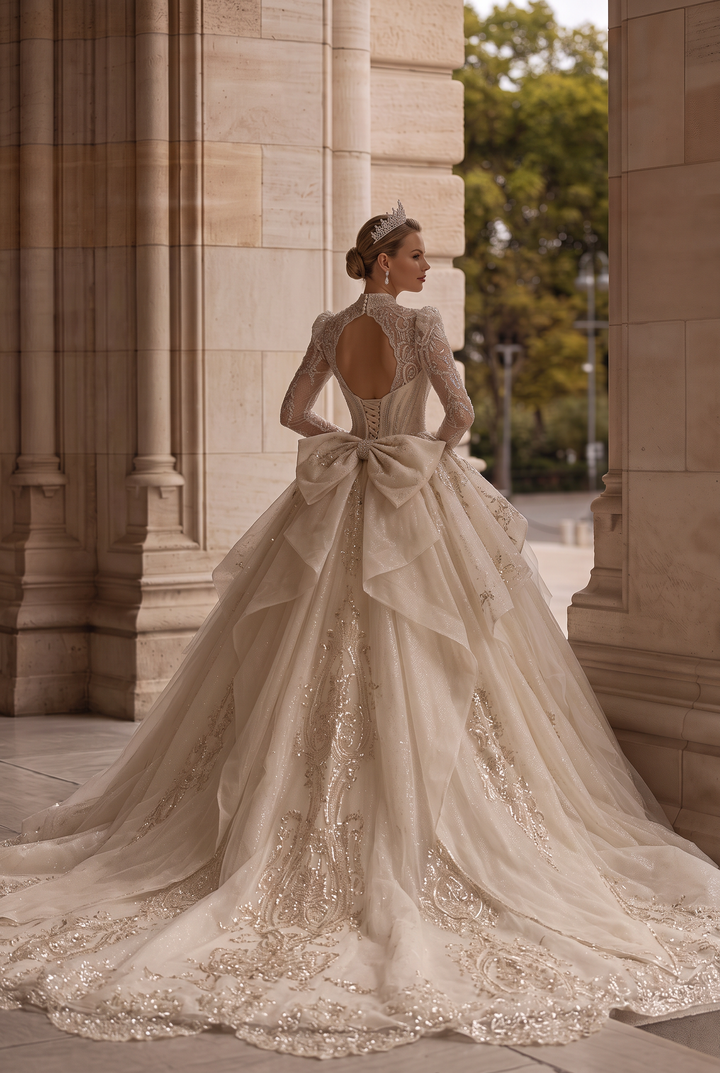 Sequin Wedding Dress - Embellished Wedding Dress with Long Sleeves – Sparkly Wedding Dress with Train and Open Back Plus Size