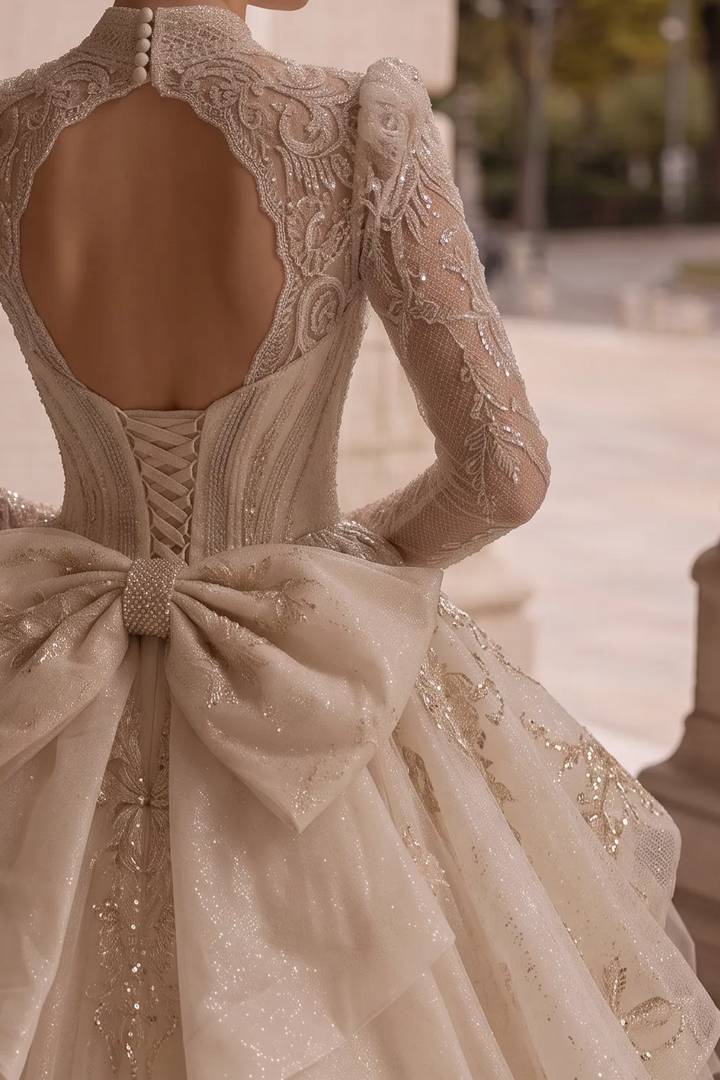 Sequin Wedding Dress - Embellished Wedding Dress with Long Sleeves – Sparkly Wedding Dress with Train and Open Back Plus Size