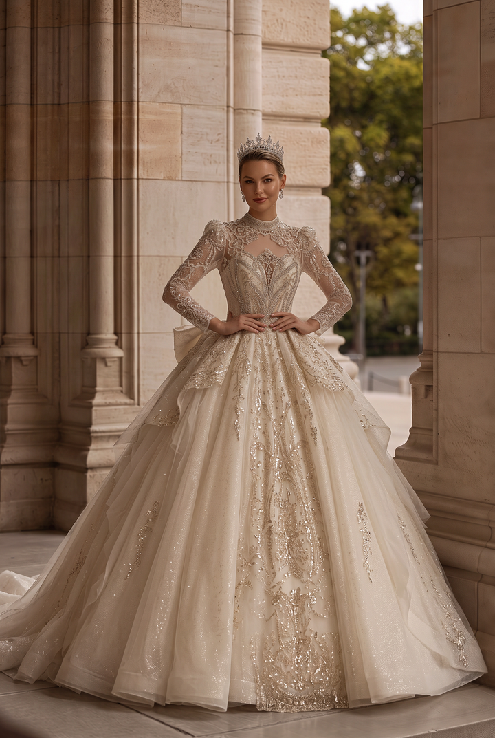 Sequin Wedding Dress - Embellished Wedding Dress with Long Sleeves – Sparkly Wedding Dress with Train and Open Back Plus Size