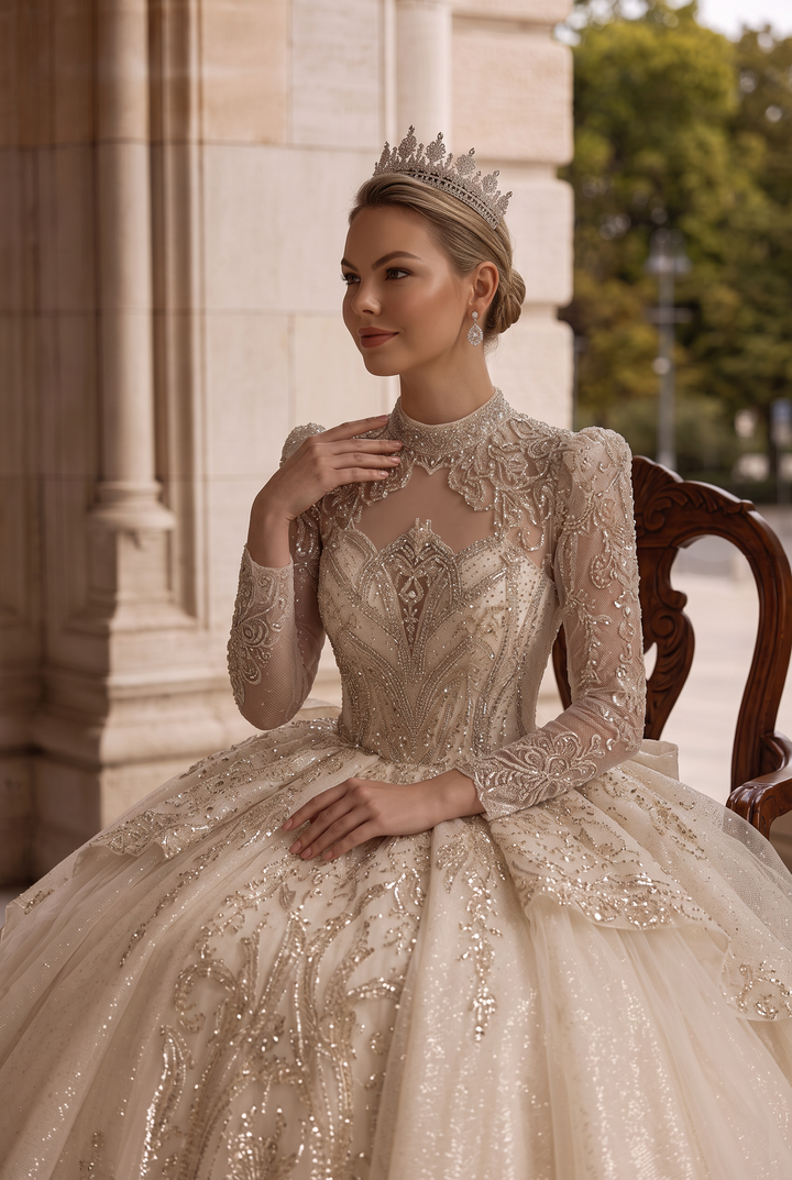 Sequin Wedding Dress - Embellished Wedding Dress with Long Sleeves – Sparkly Wedding Dress with Train and Open Back Plus Size