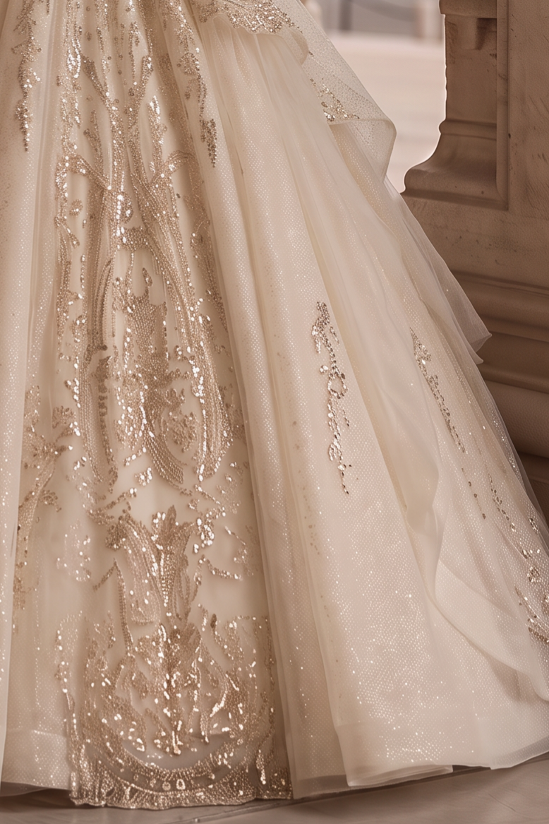 Sequin Wedding Dress - Embellished Wedding Dress with Long Sleeves – Sparkly Wedding Dress with Train and Open Back Plus Size