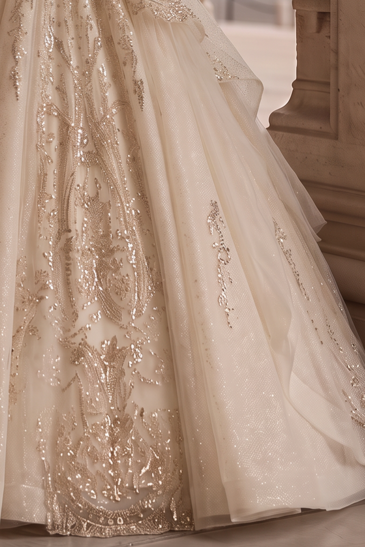 Sequin Wedding Dress - Embellished Wedding Dress with Long Sleeves – Sparkly Wedding Dress with Train and Open Back Plus Size