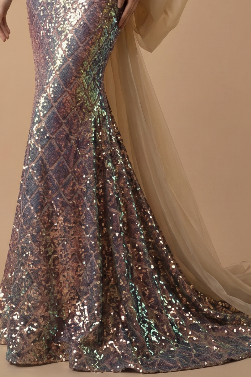 Sequins Mermaid Evening Dress With Bow Tie- Formal Dress Plus Size