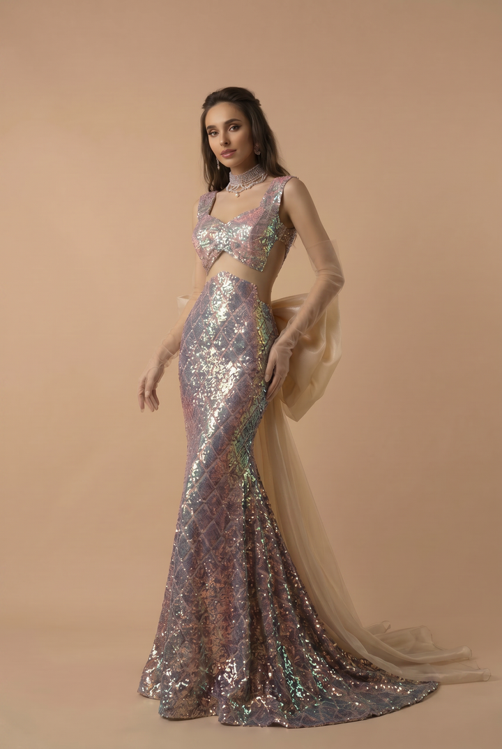 Sequins Mermaid Evening Dress With Bow Tie- Formal Dress Plus Size