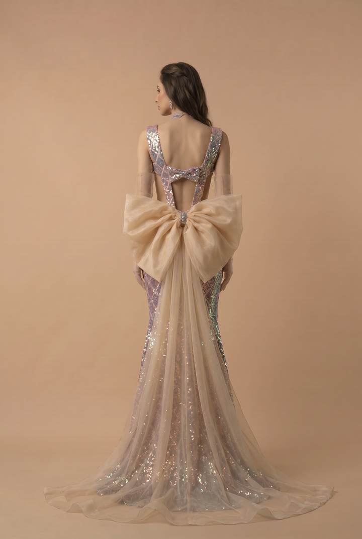 Sequins Mermaid Evening Dress With Bow Tie- Formal Dress Plus Size