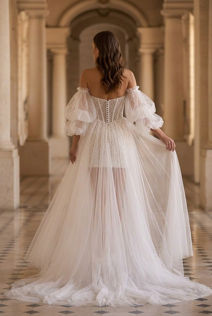 Short Bridal Wedding Dress with Convertible Puffy Tulle Train – Strapless Sequin Wedding Dress Plus Size