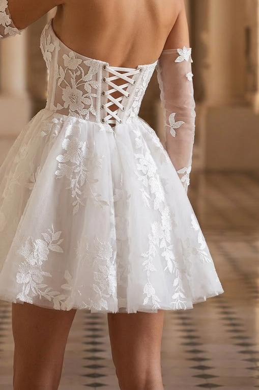 Short Floral Lace Wedding Dress with Corset Bodice and Convertible Sle WonderlandByLilian Short Floral Lace Wedding Dress with Corset Bodice and Convertible Sle WonderlandByLilian