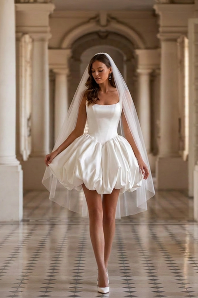 Short Satin Wedding Dress with Dramatic Bubble Skirt – Bubble Hem Dres –  WonderlandByLilian