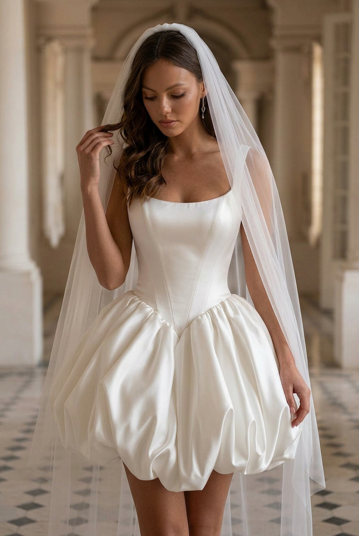 Short Satin Wedding Dress with Dramatic Bubble Skirt – Bubble Hem Dress with Strapless   - Strapless Wedding Dress Plus Size