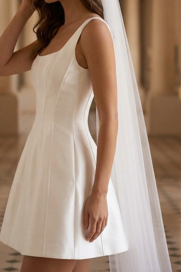 Short Wedding Party Dress with Square Neckline - Simple Elegant Satin Wedding Dress - Sleeveless Wedding Dress Plus Size