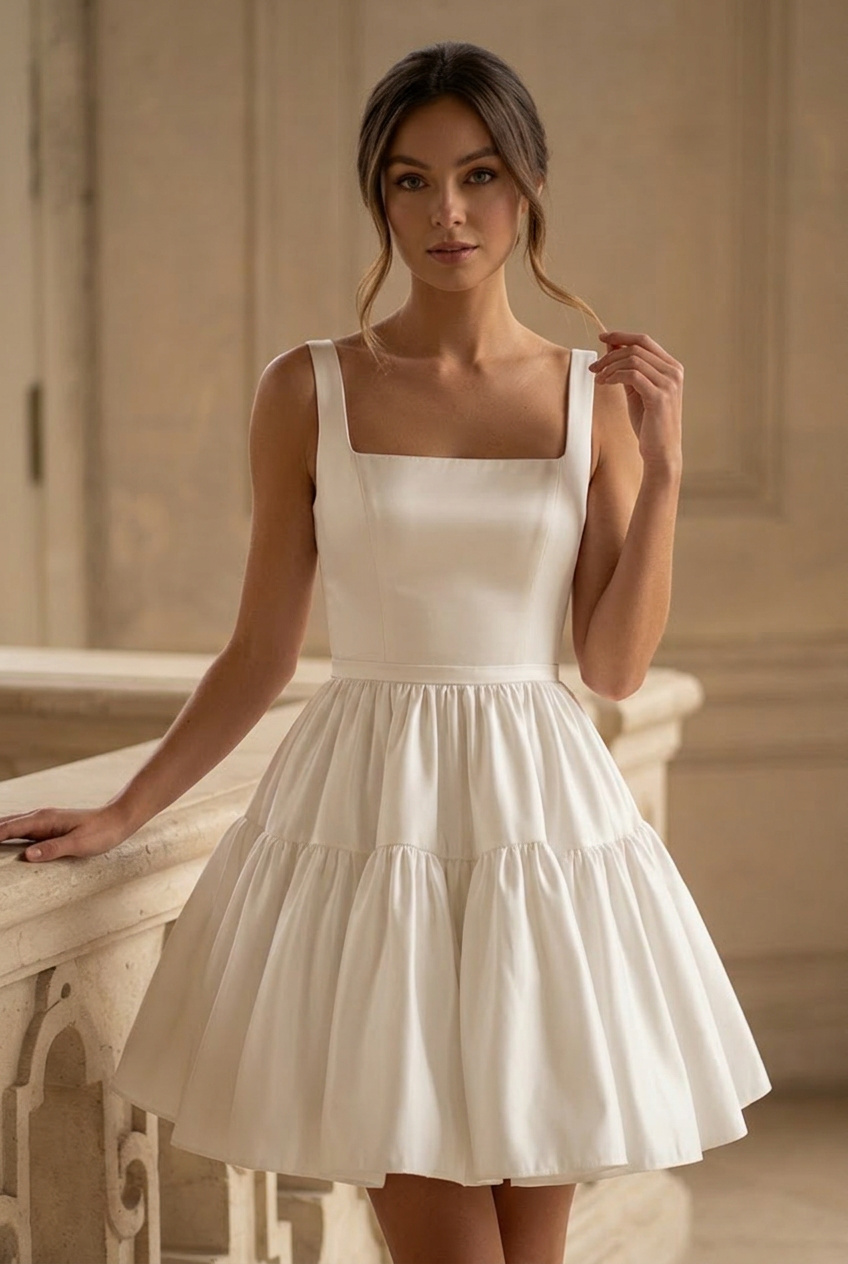 Short Wedding Party Dress with Tiered Skirt and Square Neckline – Slee –  WonderlandByLilian