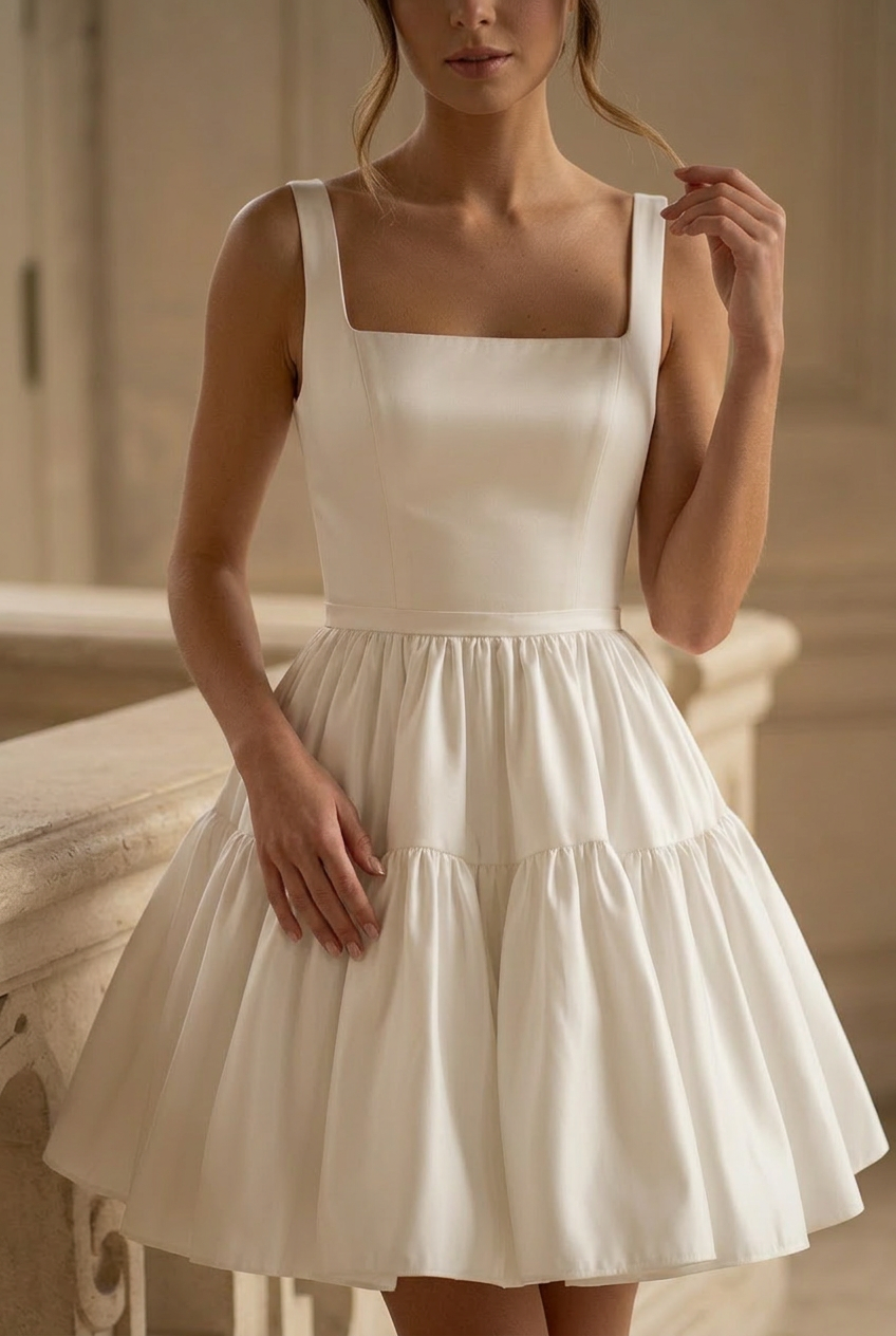 Short Wedding Party Dress with Tiered Skirt and Square Neckline – Sleeveless Bridal Mini Dress Plus Size Size 14