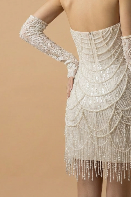 Short White Wedding Dress with Strapless Beaded Fringe Short Bridal Wedding Dress - Short Beaded Wedding Dress Plus Size Size 22W / Dress+Gloves Short White Wedding Dress with Strapless Beaded Fringe Short Bridal Wedding Dress - Short Beaded Wedding Dress Plus Size Size 22W / Dress+Gloves