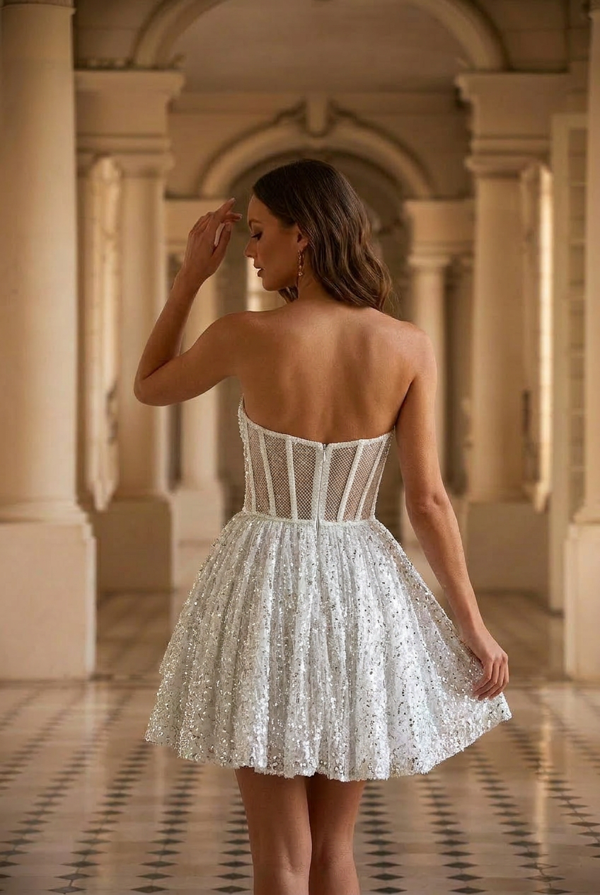 Short White Wedding Dress with Strapless Sparkling Corset Short Brid WonderlandByLilian Short White Wedding Dress with Strapless Sparkling Corset Short Brid WonderlandByLilian