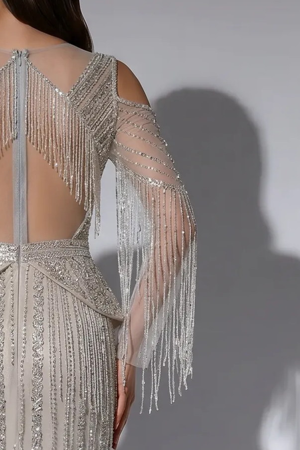 Silver Champagne Beaded Fringe Evening Dress with Illusion Sleeves and Open Back Formal Gown Plus Size